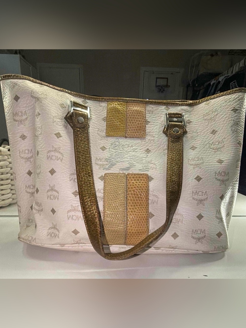 MCM White Logo Tote Gold and Tan w/COA
